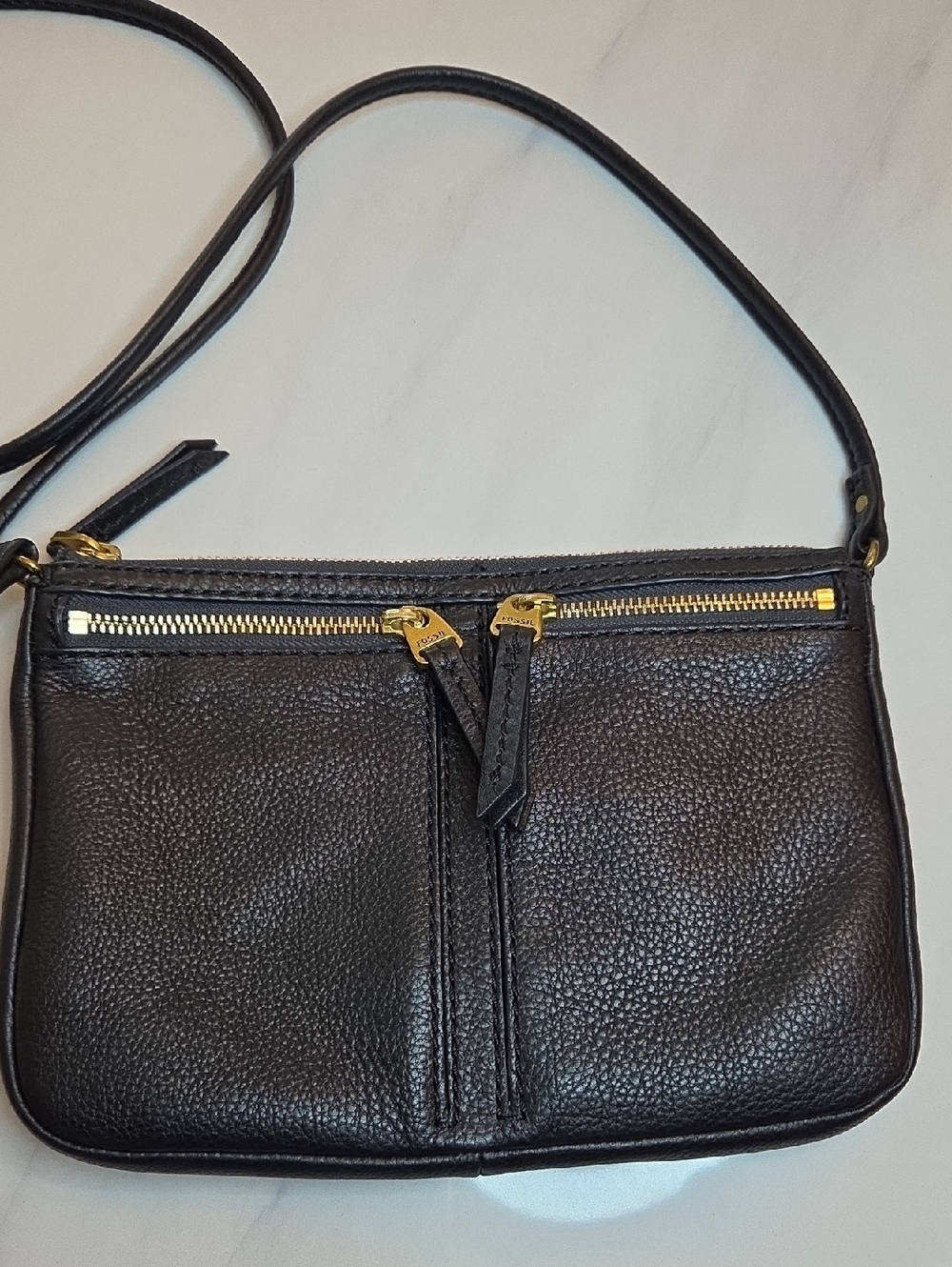 Fossil Black Pebbled Leather Crossbody with Gold Hardware